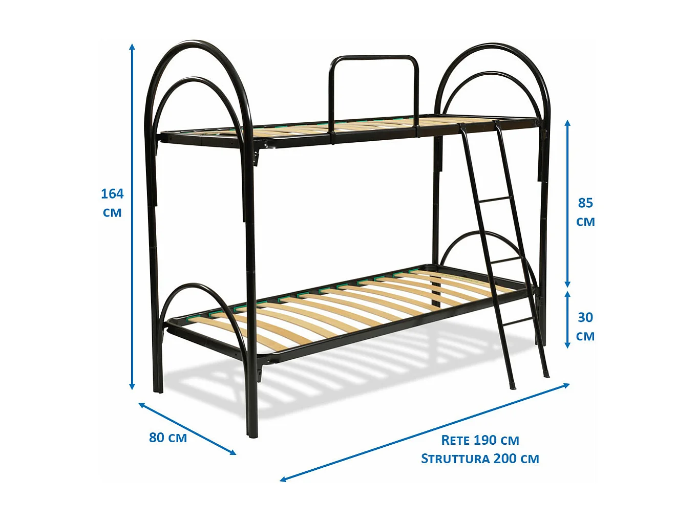Letto a castello nero modello Arco, letti singoli scomponibili 80x190, struttura in metallo e doghe in legno - Comprarredo