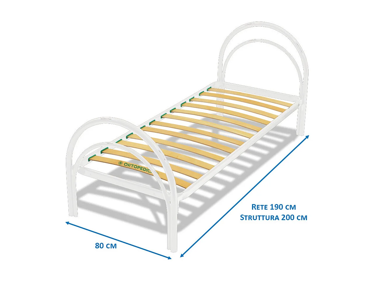 Letto singolo 80x190 modello Arco, con rete in metallo e doghe flessibili, colore bianco - Comprarredo