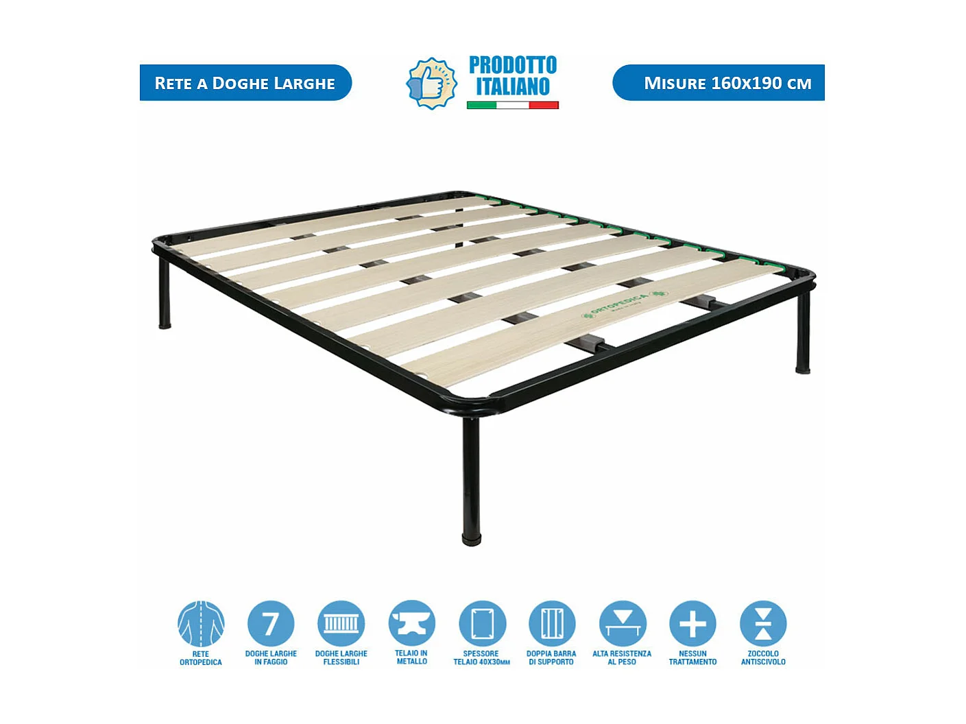 Rete ortopedica matrimoniale 160x190 a doghe larghe, con struttura in metallo e doghe flessibili da 17 cm in legno - Comprarredo