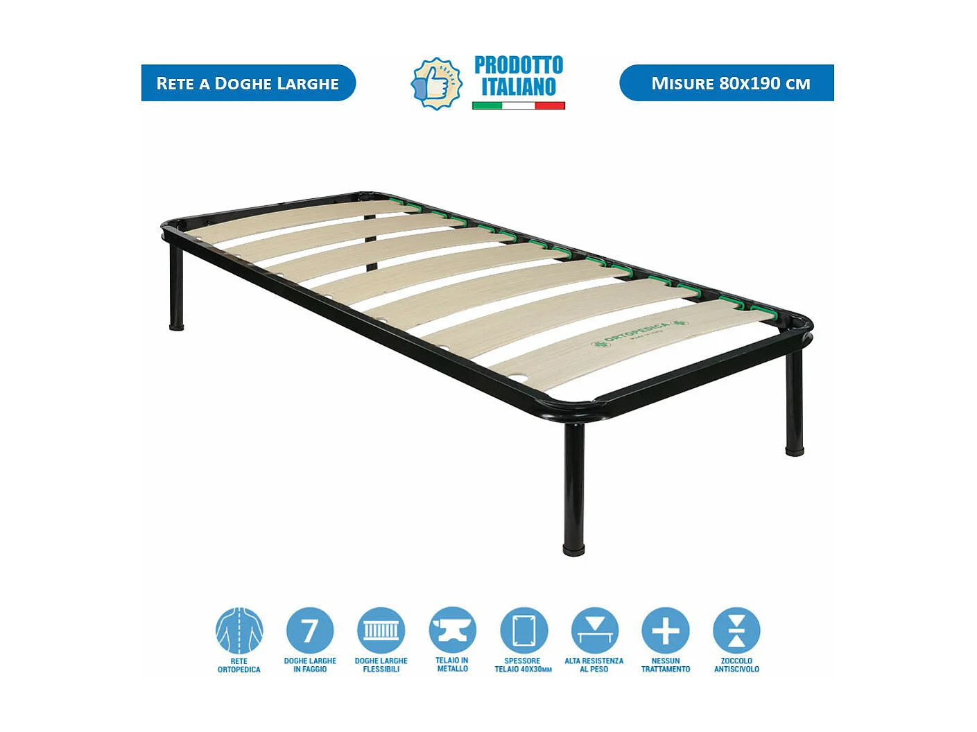 Rete ortopedica a doghe larghe 80x190 per letto singolo, con telaio in metallo e doghe flessibili da 17 cm in legno - Comprarredo