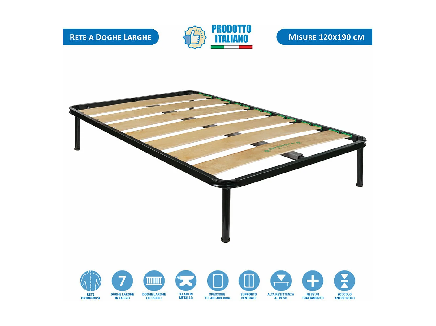 Rete ortopedica a doghe larghe 120x190 per letto piazza e mezza, telaio in metallo e doghe flessibili da 17 cm in legno - Comprarredo