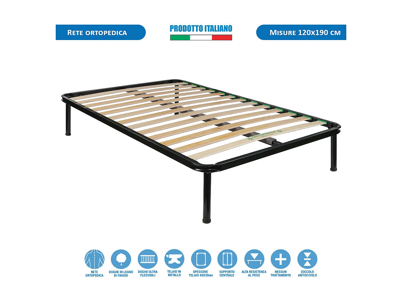 Rete ortopedica piazza e mezza 120x190 con telaio in metallo e doghe flessibili in legno - Comprarredo