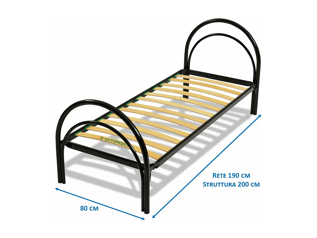 Letto singolo 80x190 modello Arco, con rete in metallo e doghe flessibili, colore nero - Comprarredo