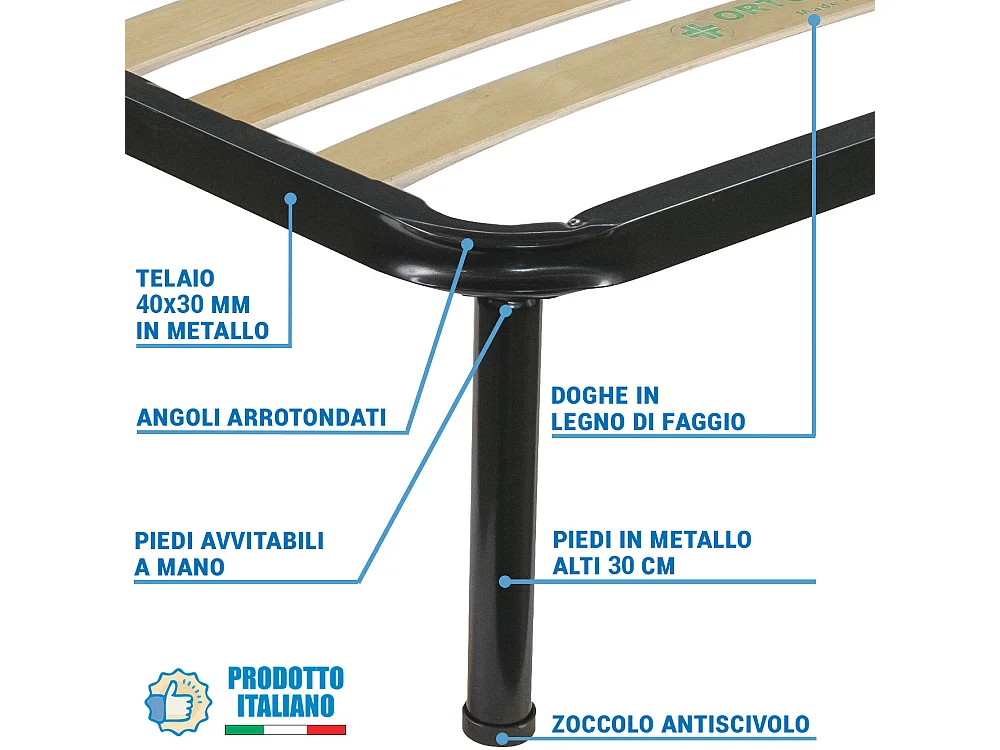 Rete ortopedica singola 90x200 con telaio in metallo e doghe flessibili in legno, adatta per letti singoli - Comprarredo