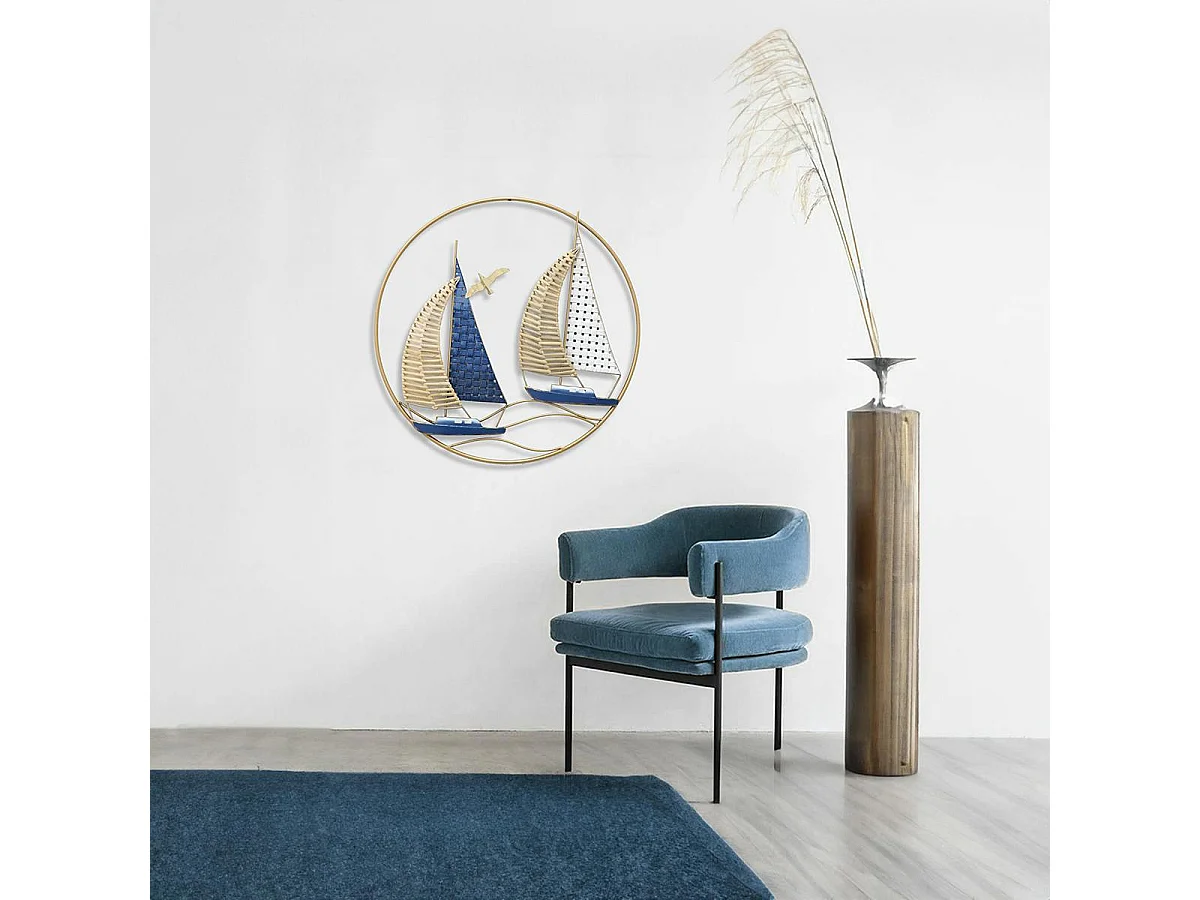 Décoration murale ronde 2 voiliers bleus métal