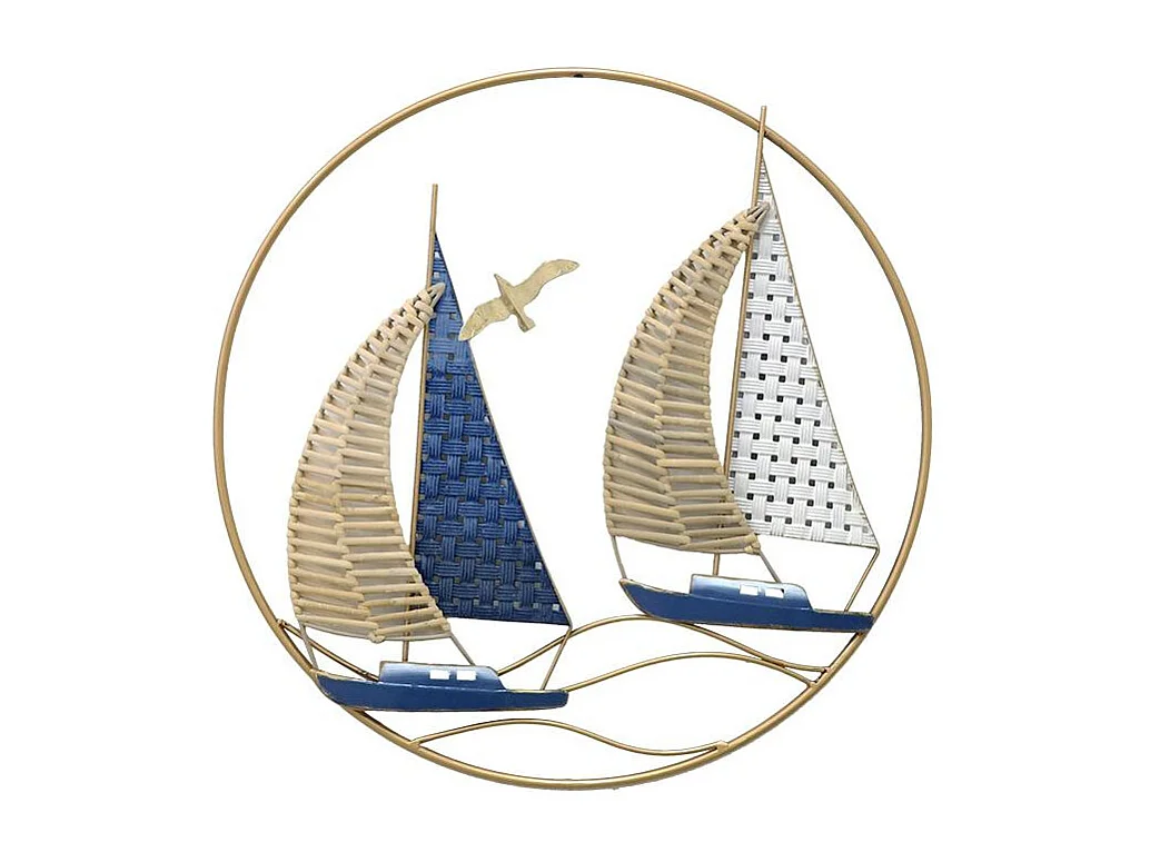 Décoration murale ronde 2 voiliers bleus métal