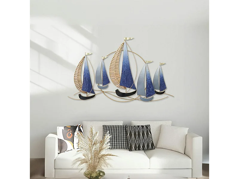 Décoration murale régate 5 voiliers bleus
