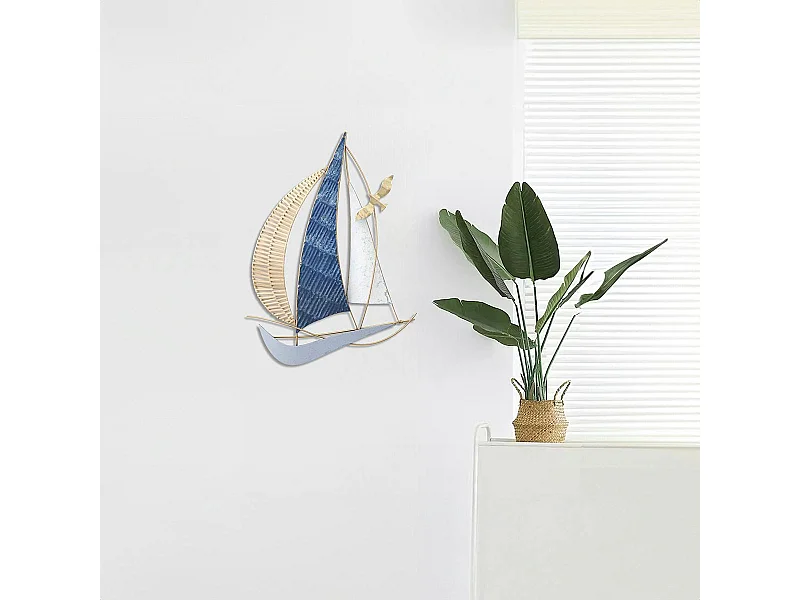Décoration murale voilier bleu métal et rotin