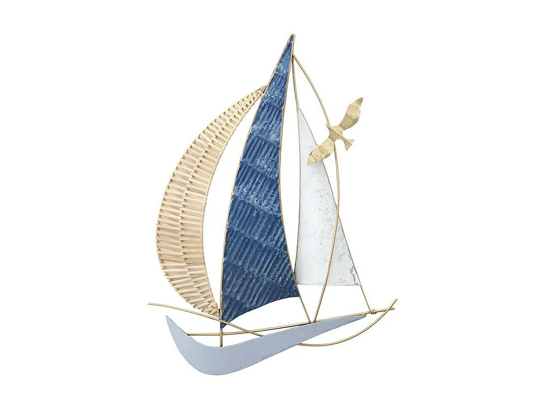 Décoration murale voilier bleu métal et rotin