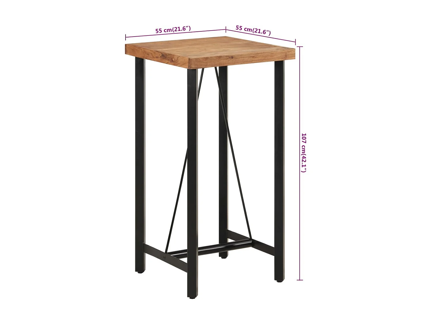 Tavolino da Bar 55x55x107cm in Legno Massello di Acacia e Ferro