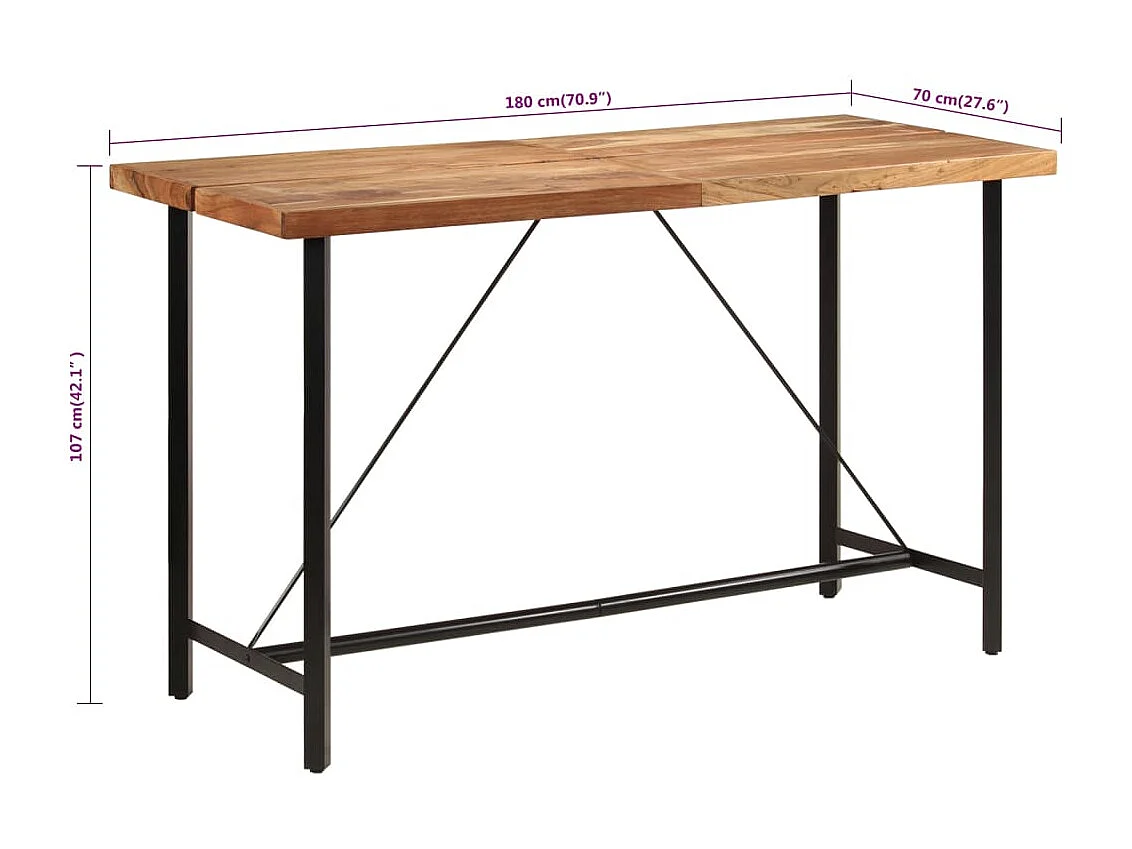 Table de bar 180x70x107 cm bois massif d'acacia et fer