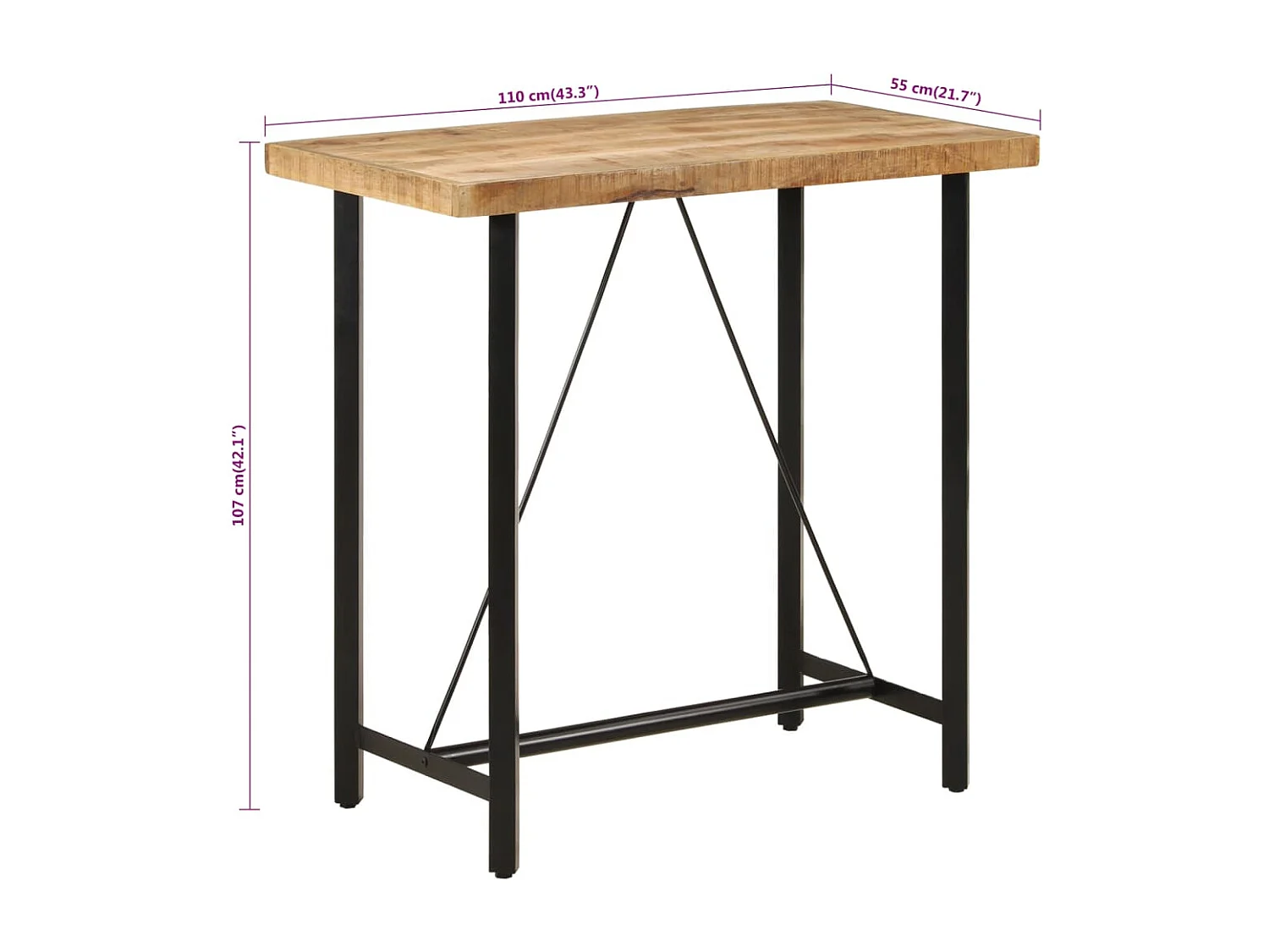 Mesa alta de hierro y madera maciza de mango 110x55x107 cm
