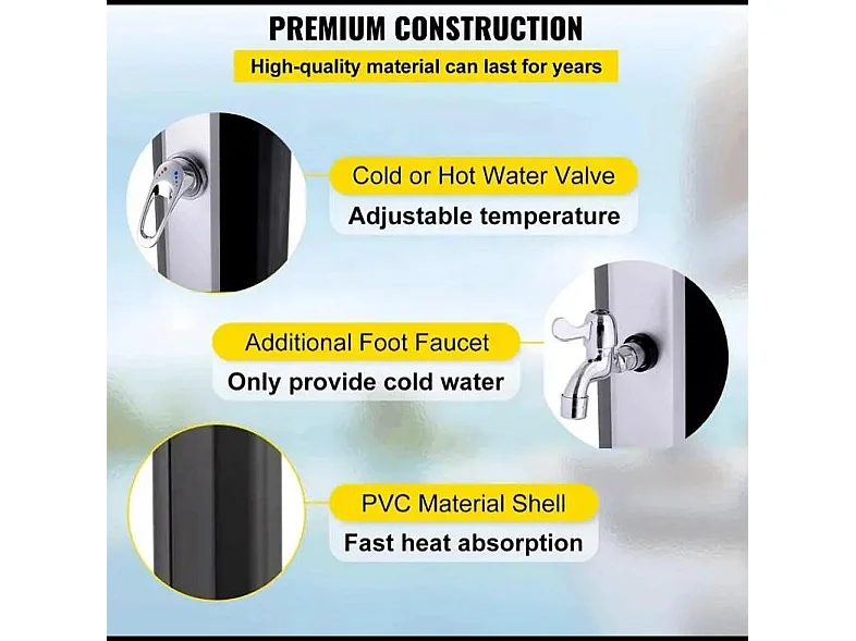 Doccia Solare 35 Litri 220 Cm Per Giardino Piscina Soffione Cromato Getto A Pioggia Con Regolatore Temperatura E Doccetta Per Piedi Attacco Per Tubo