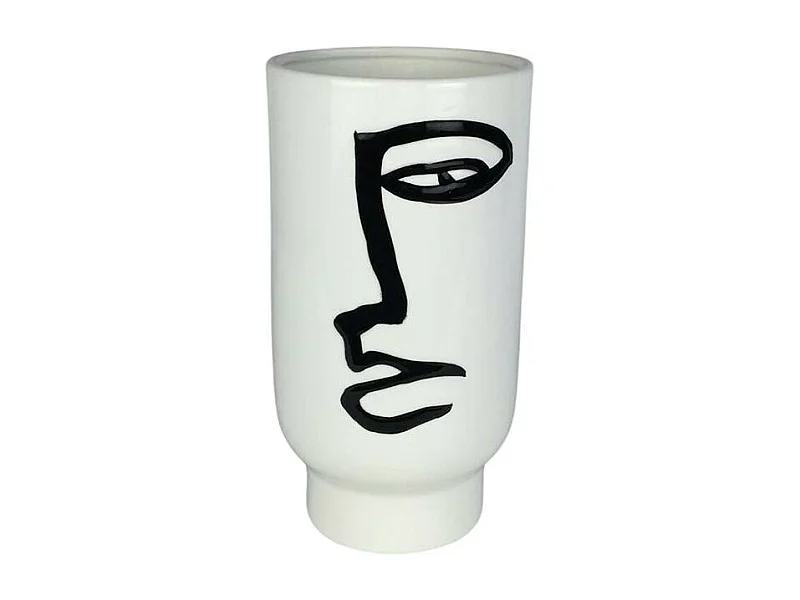 Vase blanc rond décor visage abstrait H25 cm