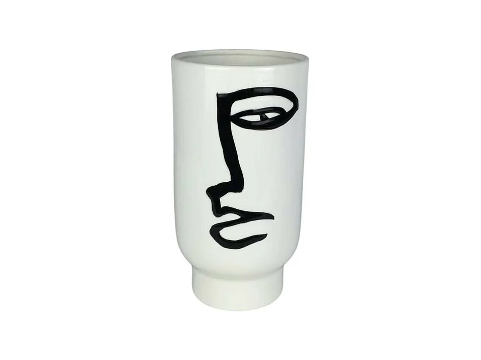 Vase blanc rond décor visage abstrait H25 cm