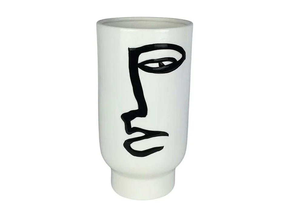 Vase blanc rond décor visage abstrait H25 cm