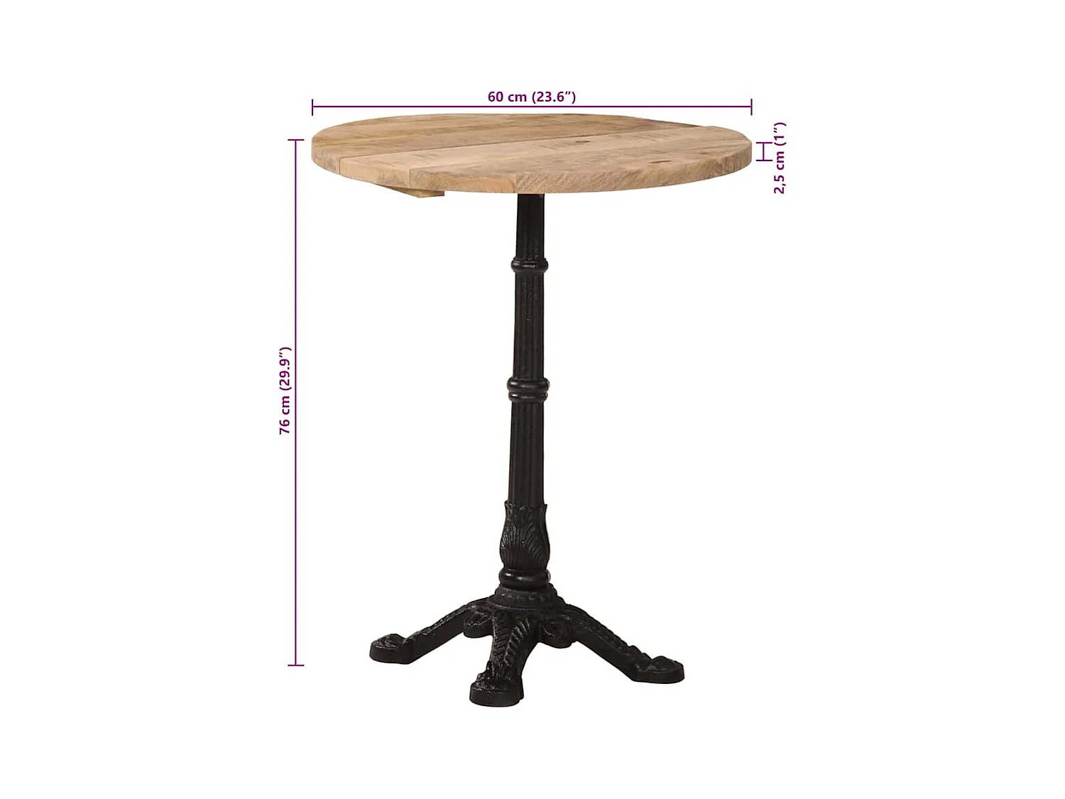 Table de bistro Ø60x76 cm Bois de manguier brut