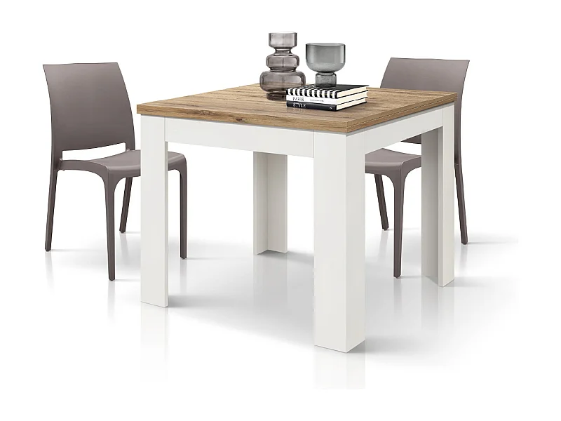 Tavolo allungabile Marta, piano Rovere base bianca, Nobilitato,Made in Italy, da 90 a 180 cm