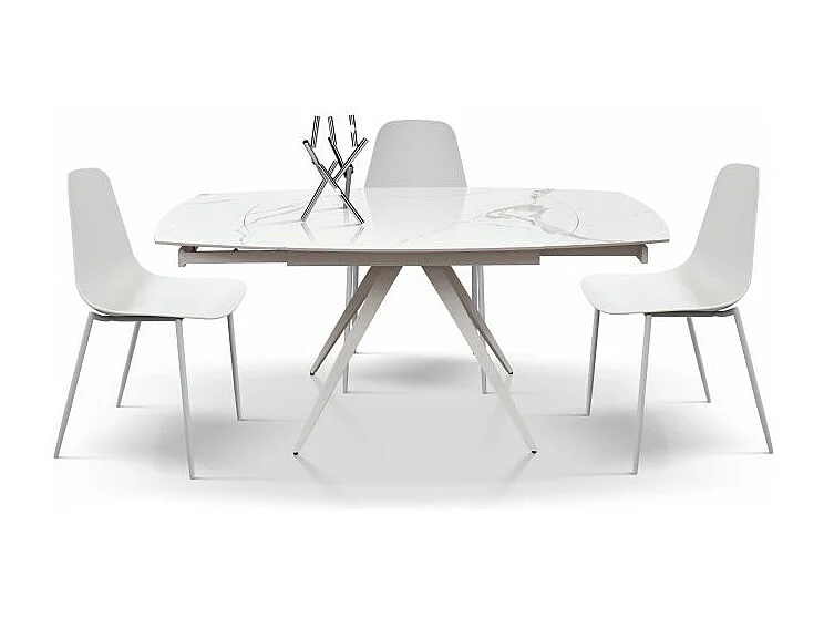 Tavolo allungabile Bea, Top Ceramica Statuario, Gambe in Metallo Bianco, da 120 a 180