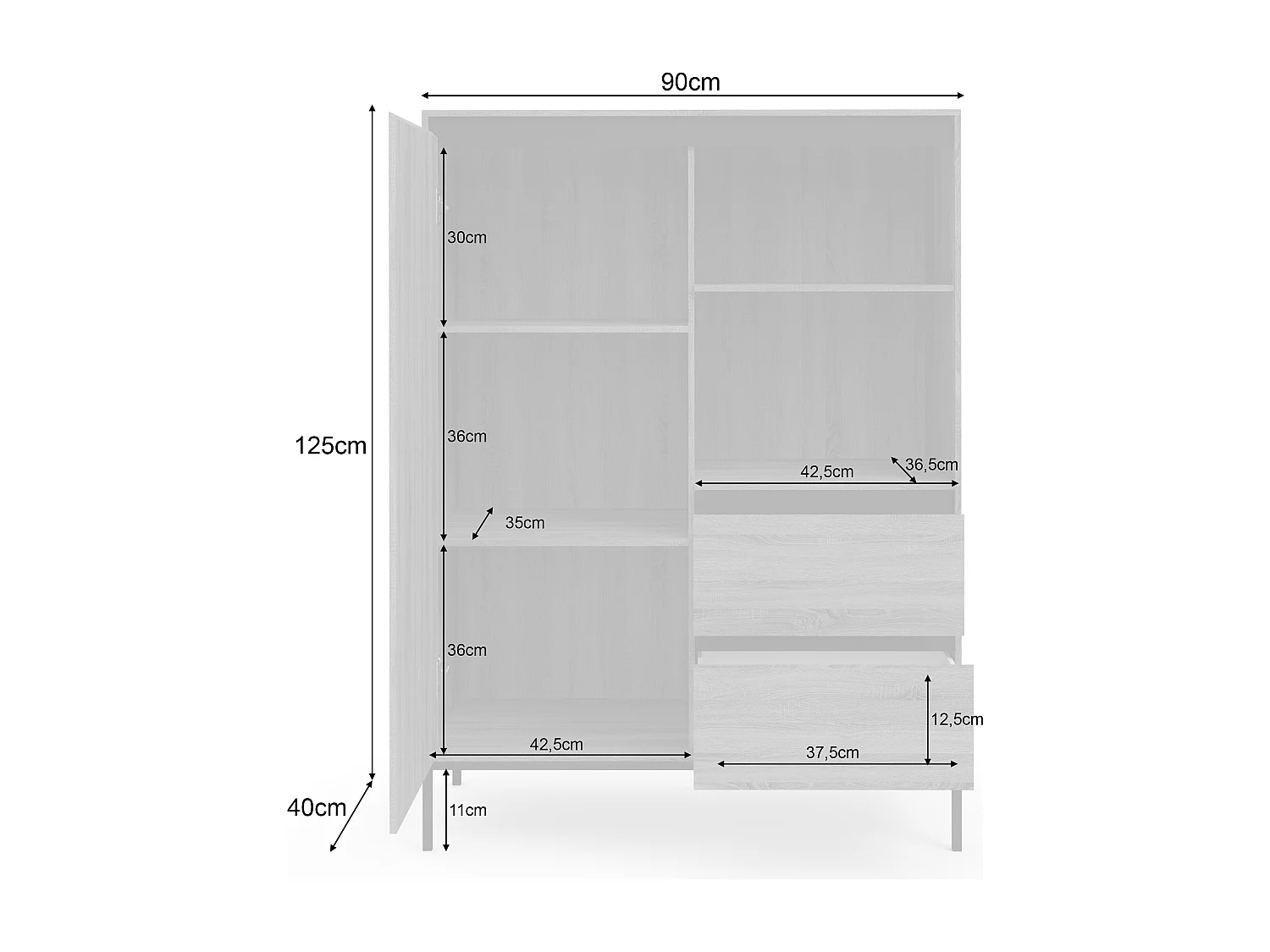 Bari | Schrank mit 1 Tür und 2 Schubladen in Eichenoptik