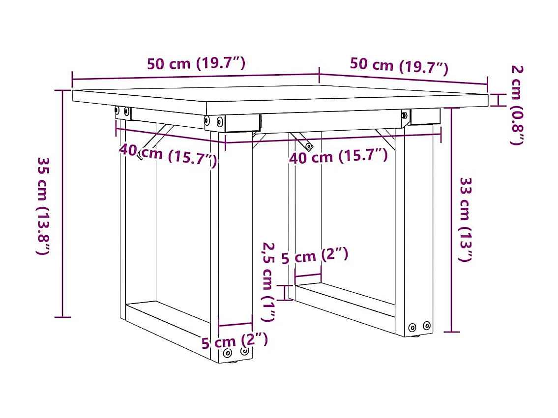 Couchtisch O-Gestell 50x50x35cm Massivholz Kiefer und Stahl