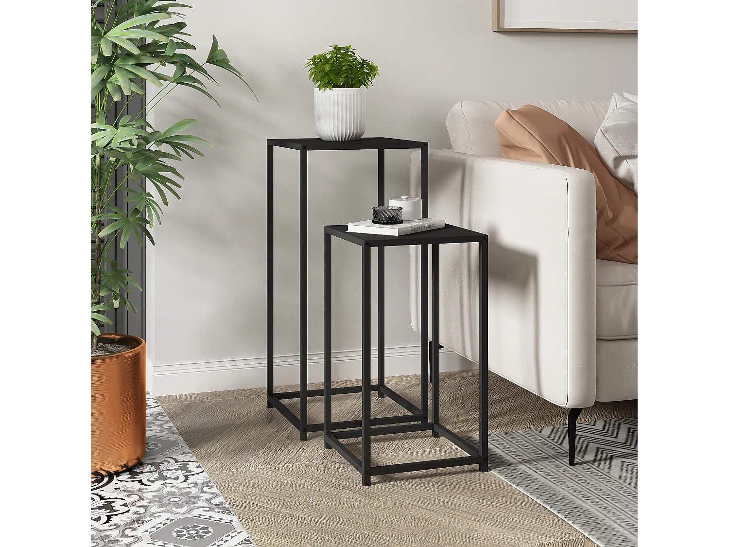 Set de 2 tables d'appoint Åseral de tailles différentes acier noir [en.casa]