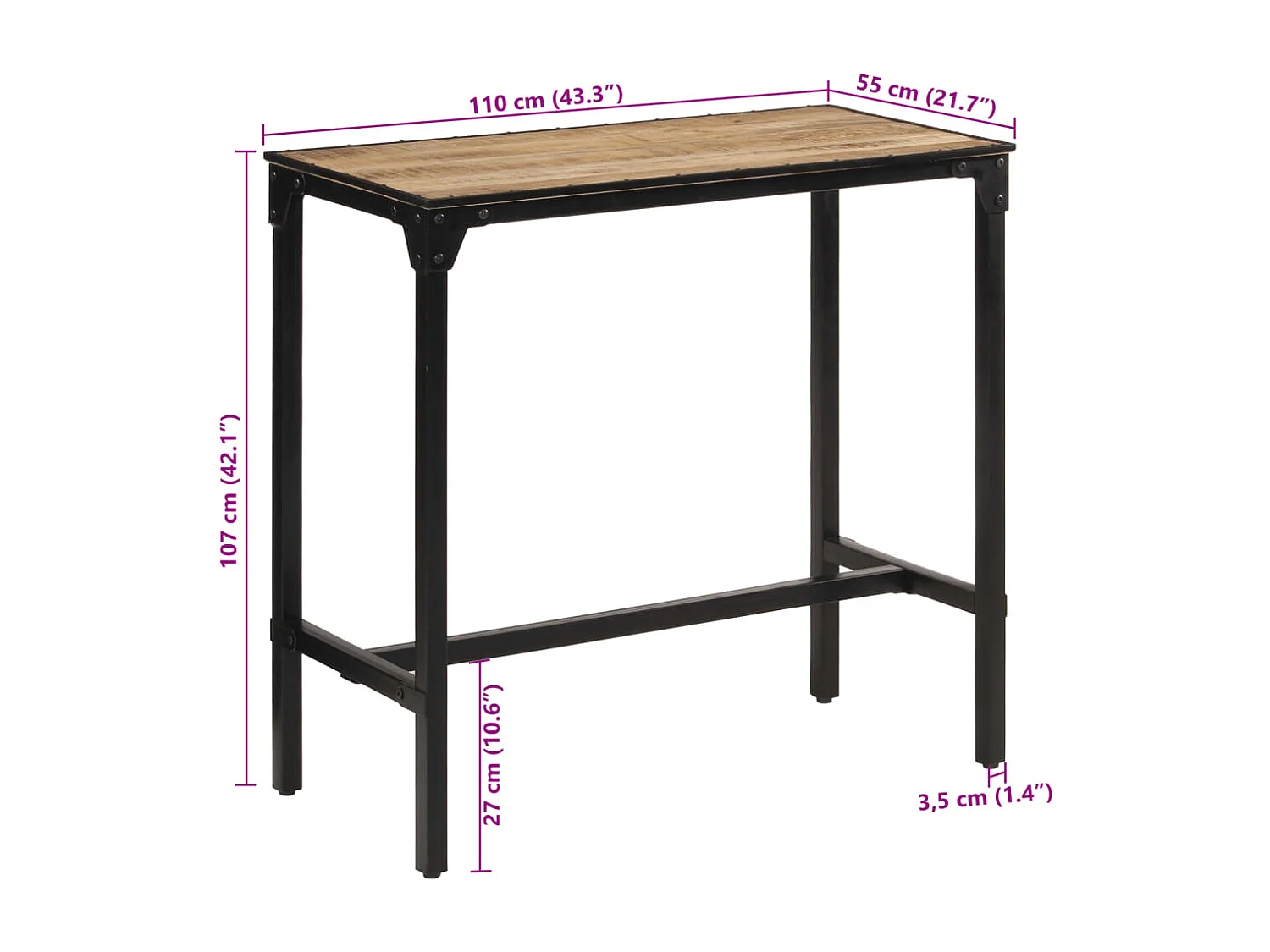 Bartafel 110x55x107 cm massief ruw mangohout