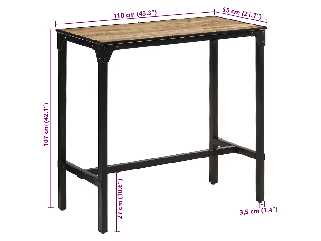 Mesa de bar madera maciza de mango rugoso 110x55x107 cm
