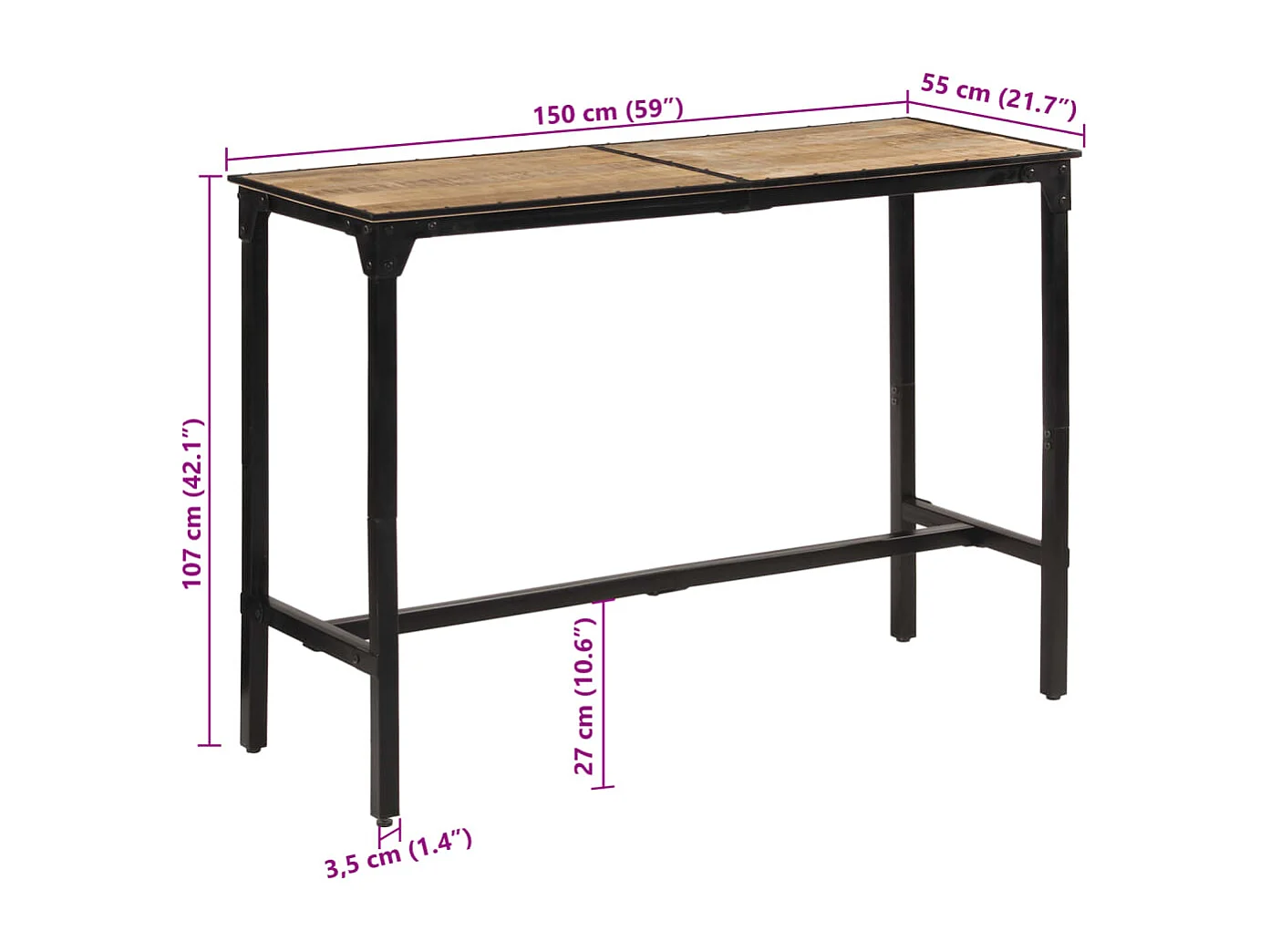 Stolik barowy 150x55x107 cm surowe lite drewno mango