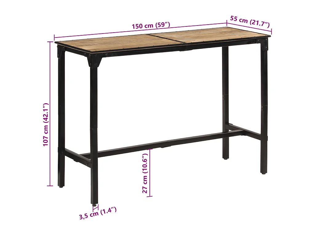 Mesa de bar 150x55x107 cm madeira de mangueira áspera maciça