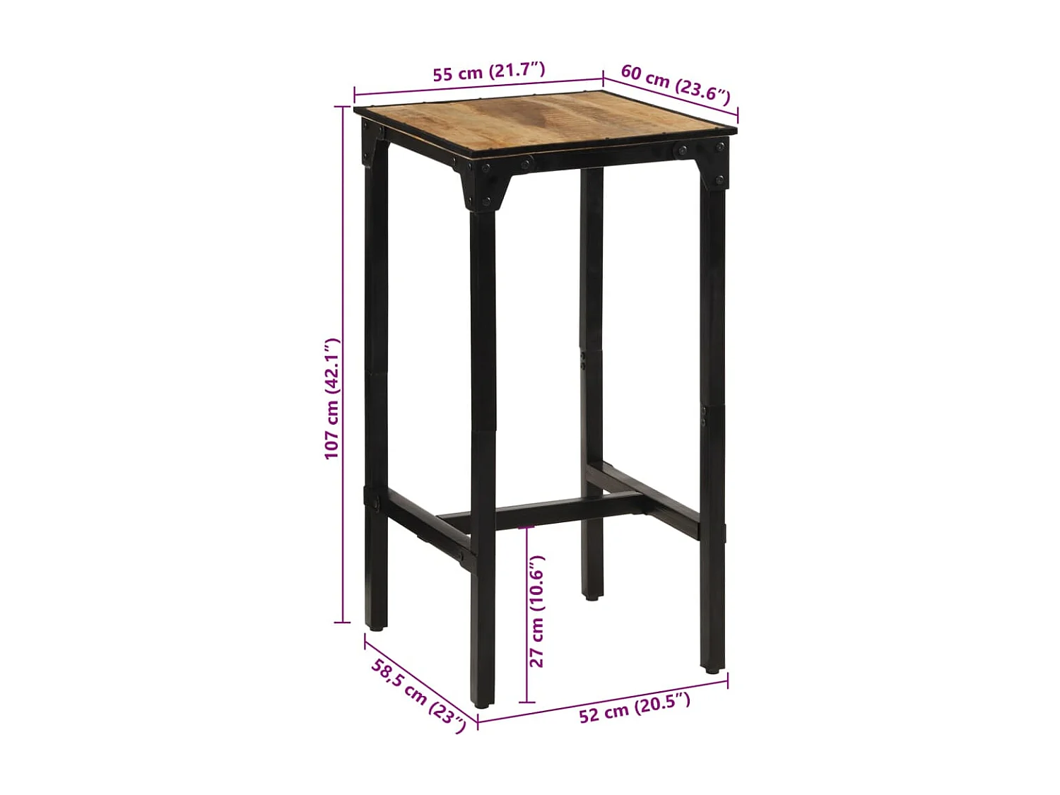 Table de bar 60x55x107 cm bois de manguier massif brut