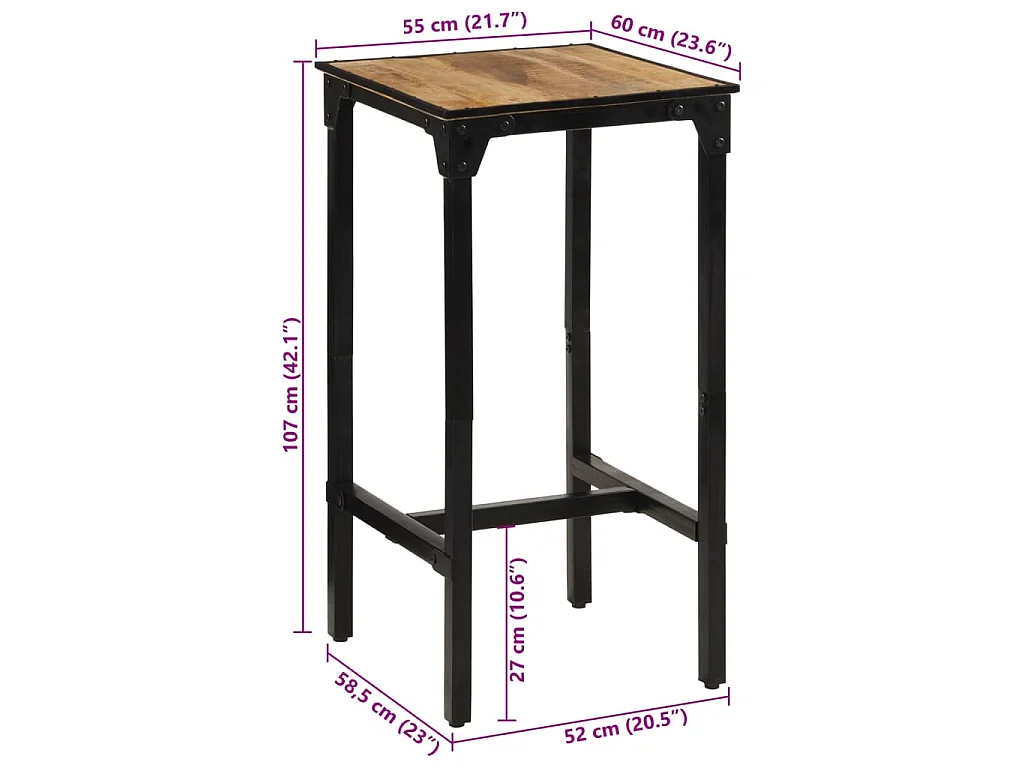 Tavolo da Bar 60x55x107 cm in Legno Grezzo Massello di Mango