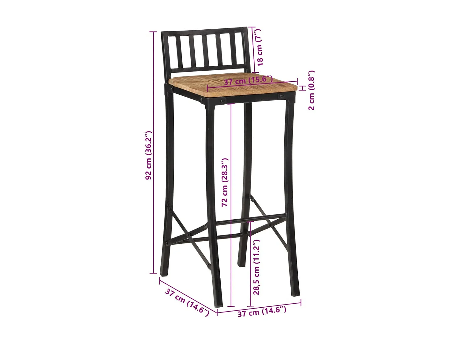 Chaises de bar lot de 4 bois de manguier massif brut