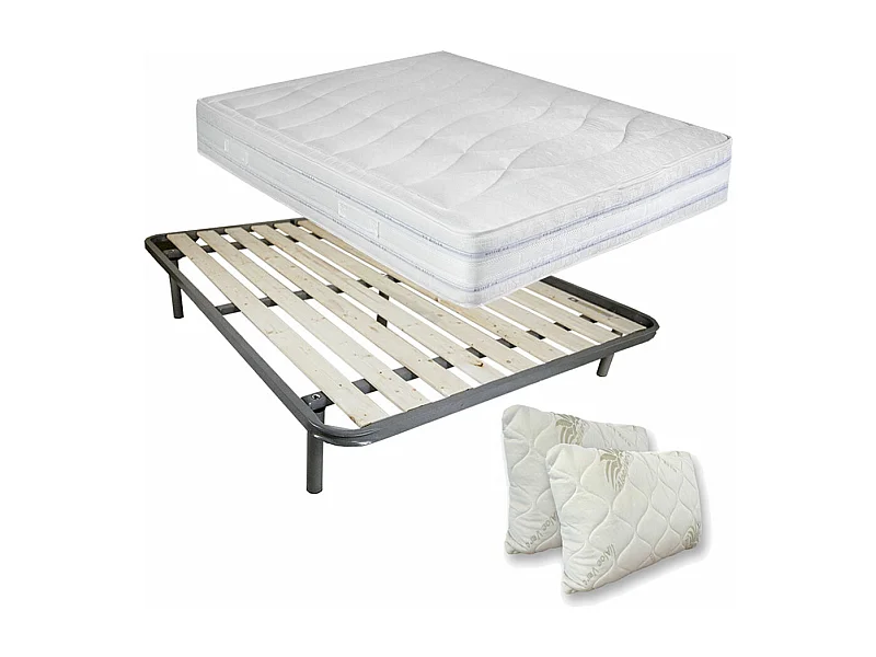 Kit letto matrimoniale 160x190 con materasso a molle e lana rigido Messico, rete a tavole e coppia di cuscini memory inclusi - Comprarredo