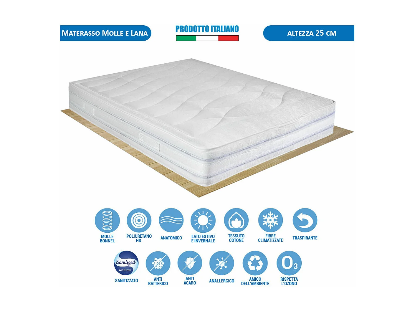 Materasso rigido Messico fino a 130 kg, matrimoniale 160x200 cm, altezza 25 cm, lato estate/inverno con lana – Comprarredo