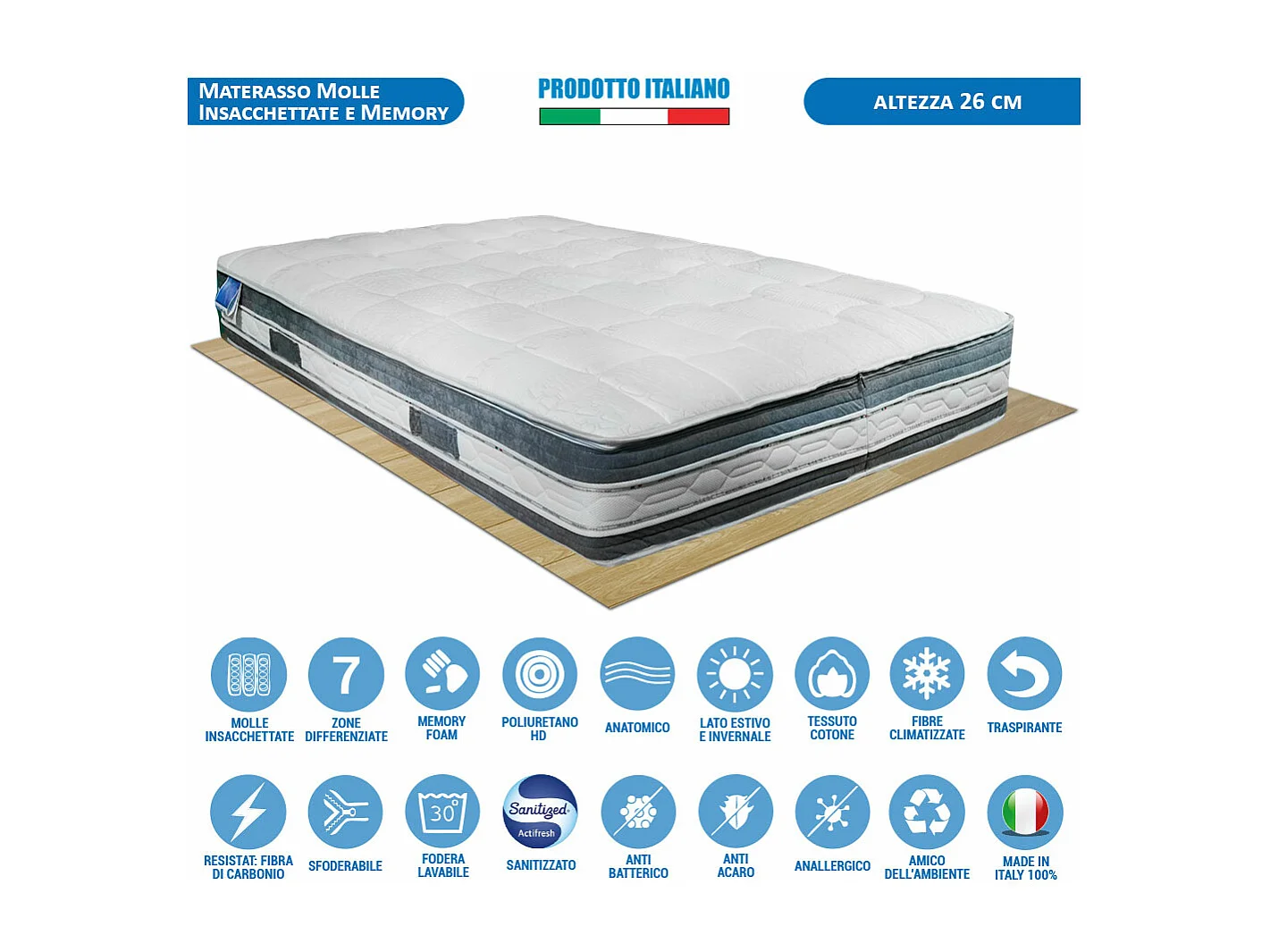 Materasso California a molle insacchettate e memory fresh, piazza e mezza 120x190, fodera in thermofibra e carbonio – Comprarredo