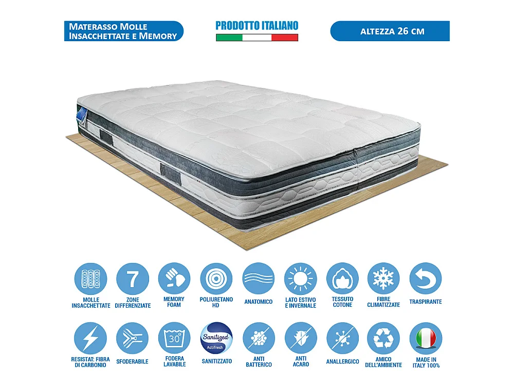 Materasso California a molle insacchettate e memory fresh, piazza e mezza 120x190, fodera in thermofibra e carbonio – Comprarredo