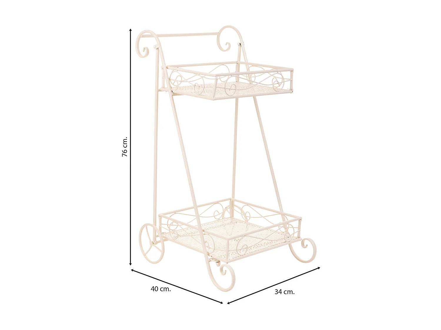 Carrinho para vasos de flores em ferro forjado branco 40x34x76h cm