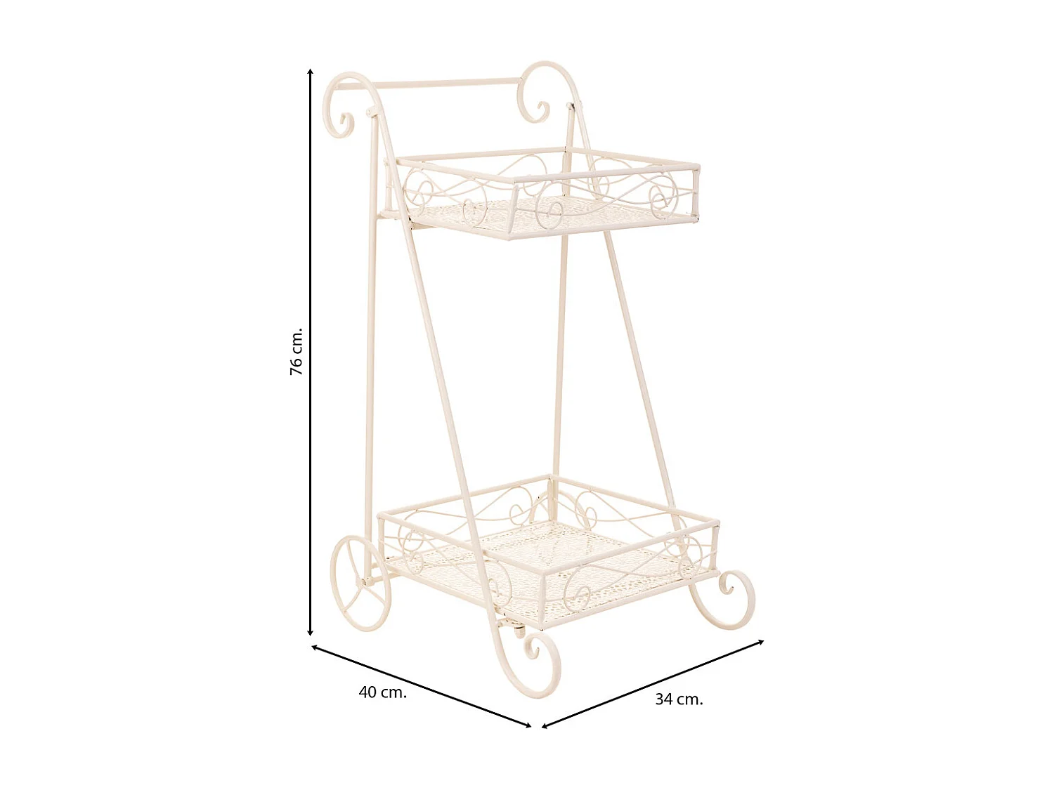 Wagen mit 2 Regalen für weiße Schmiedeeisentöpfe 40x34x76
