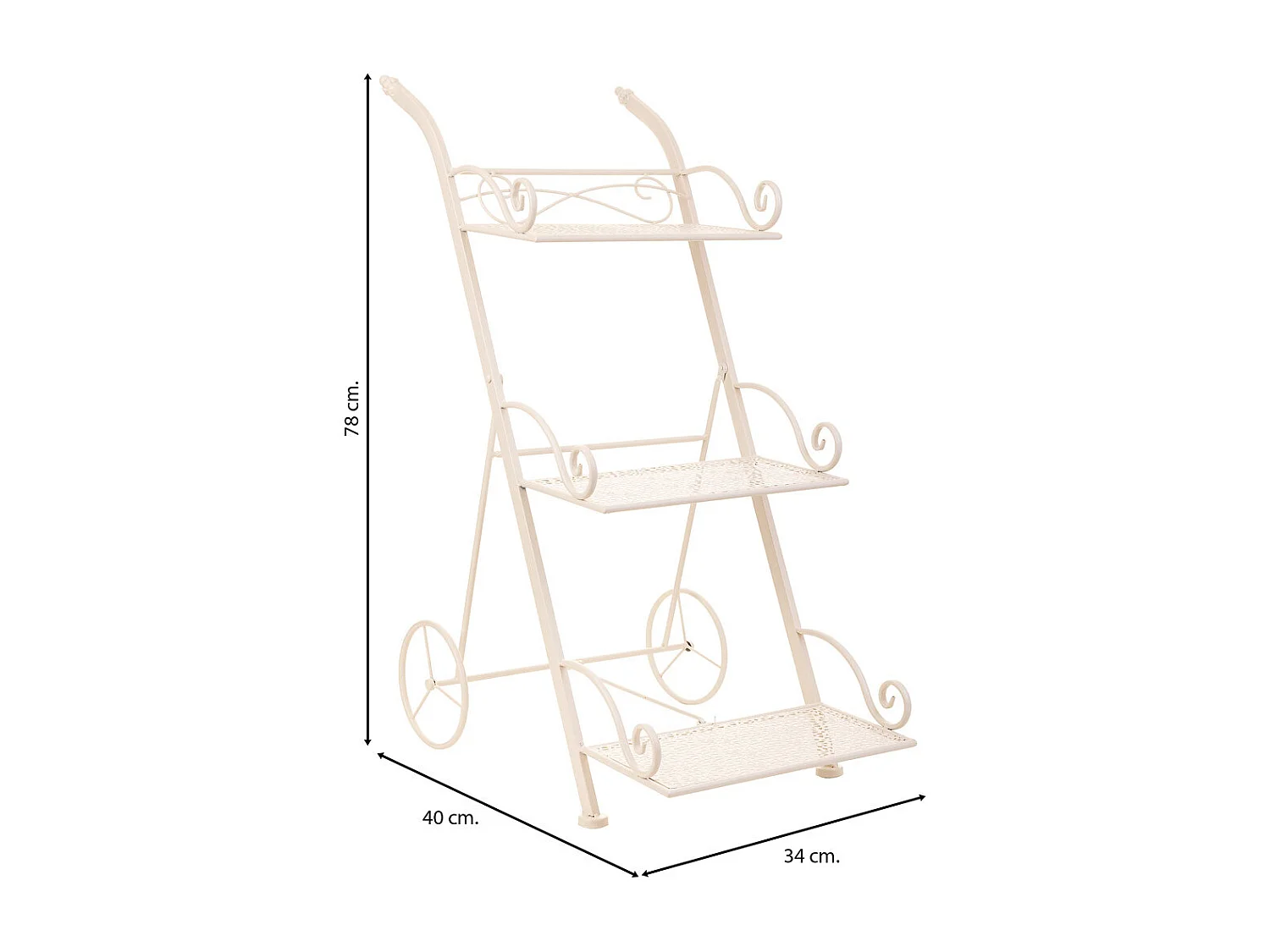 Carrito 3 baldas para macetas de forja blanco 40x34x76