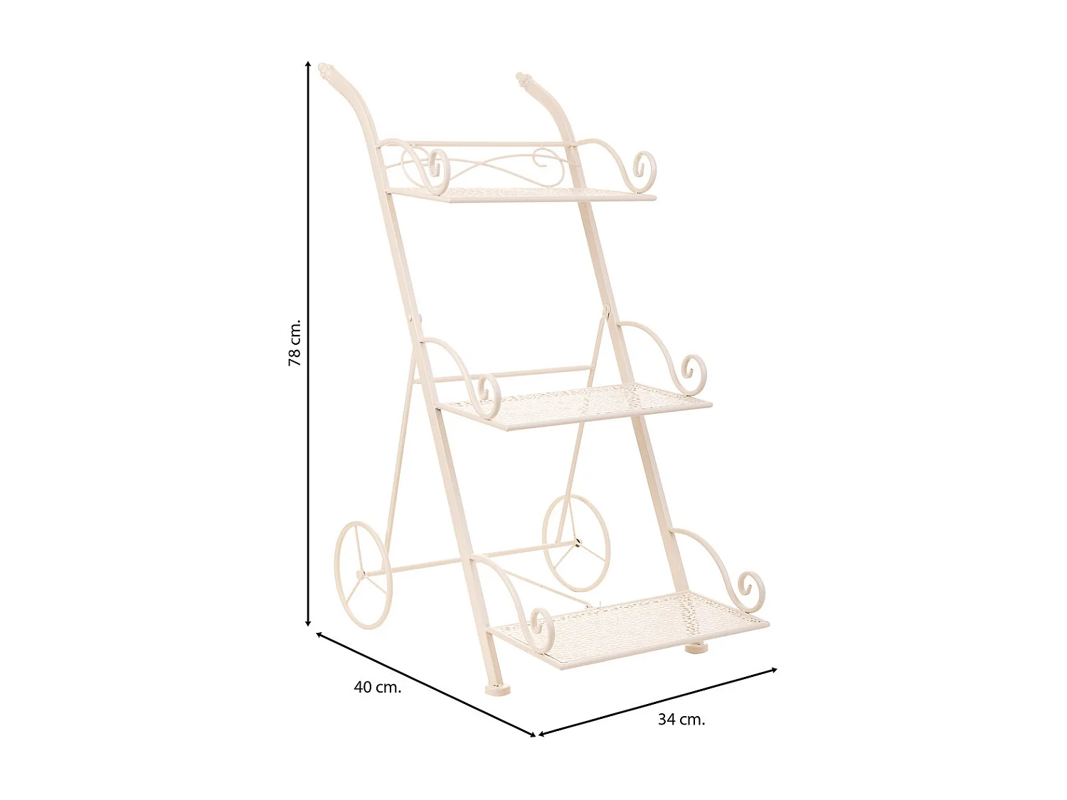Wagen mit 3 Regalen für weiße Schmiedeeisentöpfe 40x34x76