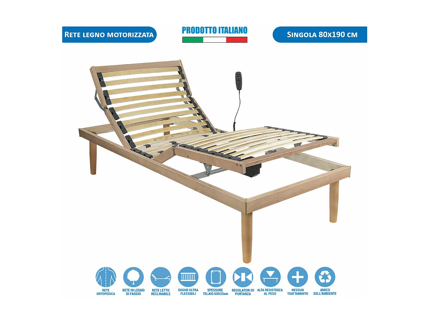 Rete ortopedica motorizzata 80x190 reclinabile elettrica in legno con telecomando per regolazione testa e piedi- Comprarredo
