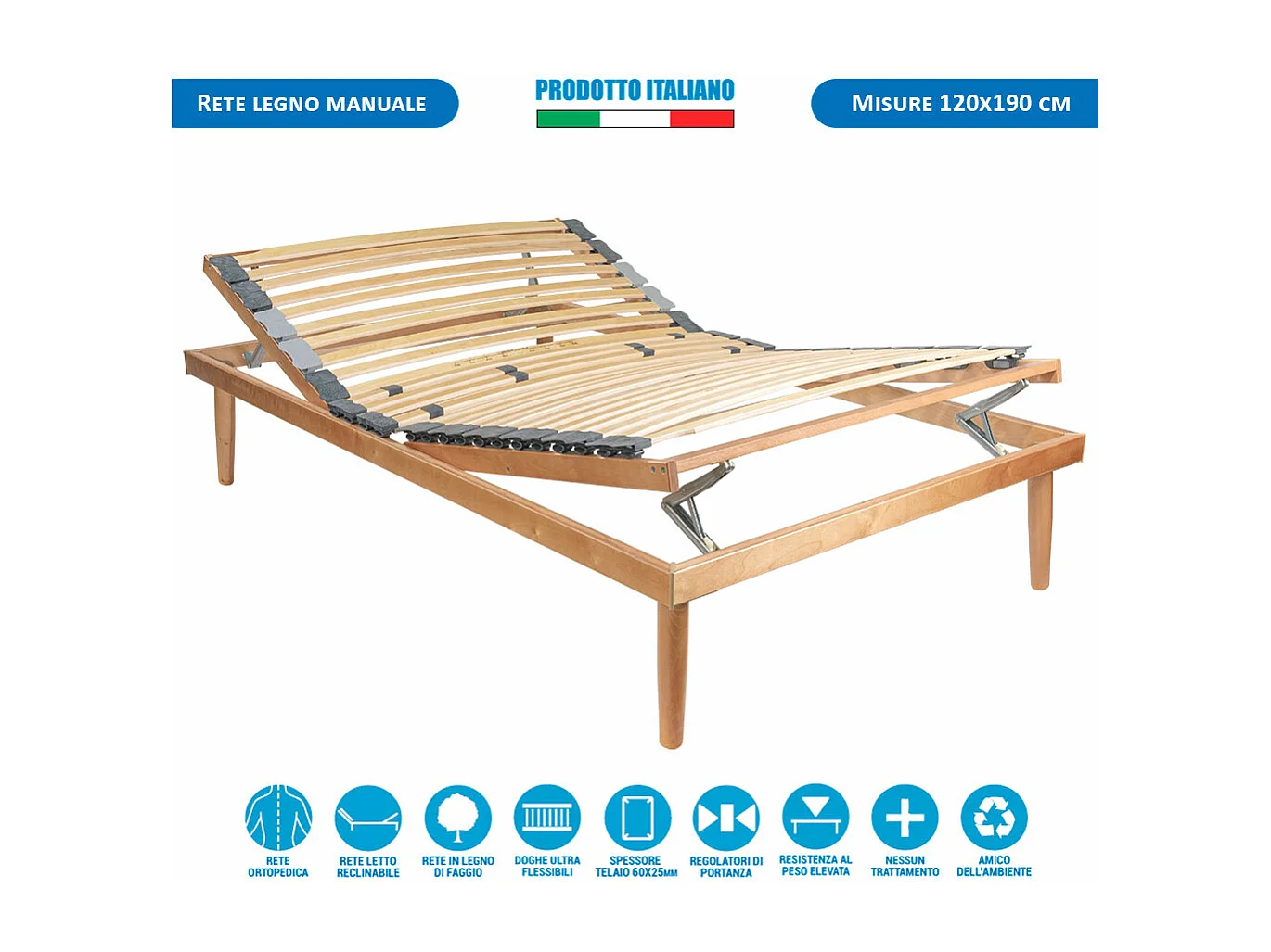 Rete ortopedica reclinabile in legno 120x190, per letto una piazza e mezza, con alzata manuale testa e piedi - Comprarredo