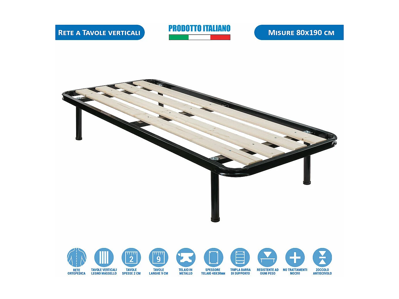 Rete ortopedica singola 80x190 con doghe verticali in legno massello da 9 cm, telaio in metallo e piedi inclusi - Comprarredo