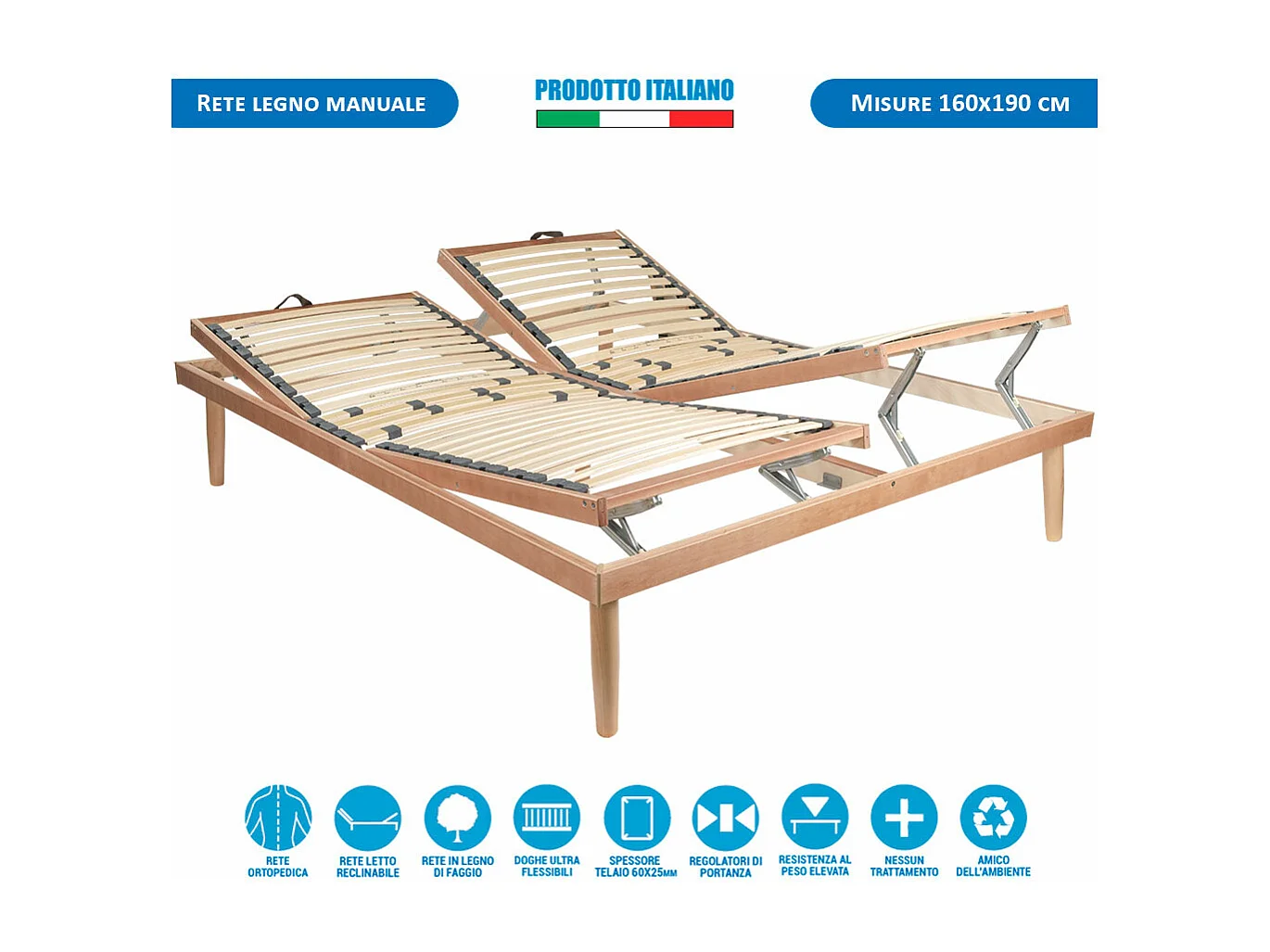 Rete ortopedica reclinabile in legno 160x190, per letto matrimoniale, con alzata manuale testa e piedi - Comprarredo