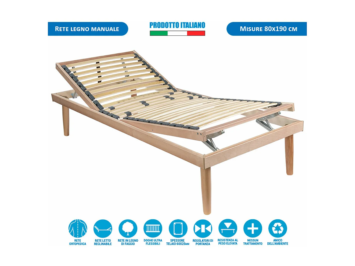 Rete ortopedica reclinabile in legno 80x190, per letto singolo, con alzata manuale testa e piedi - Comprarredo