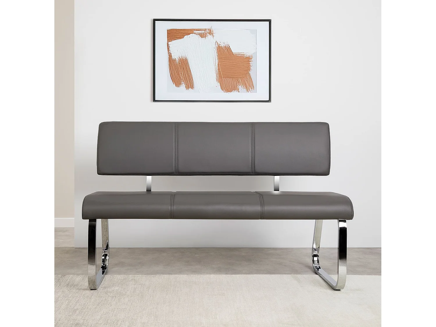 Banc design VILAS siège avec 3 places, banquette au piètement chromé et dossier au revêtement synthétique gris