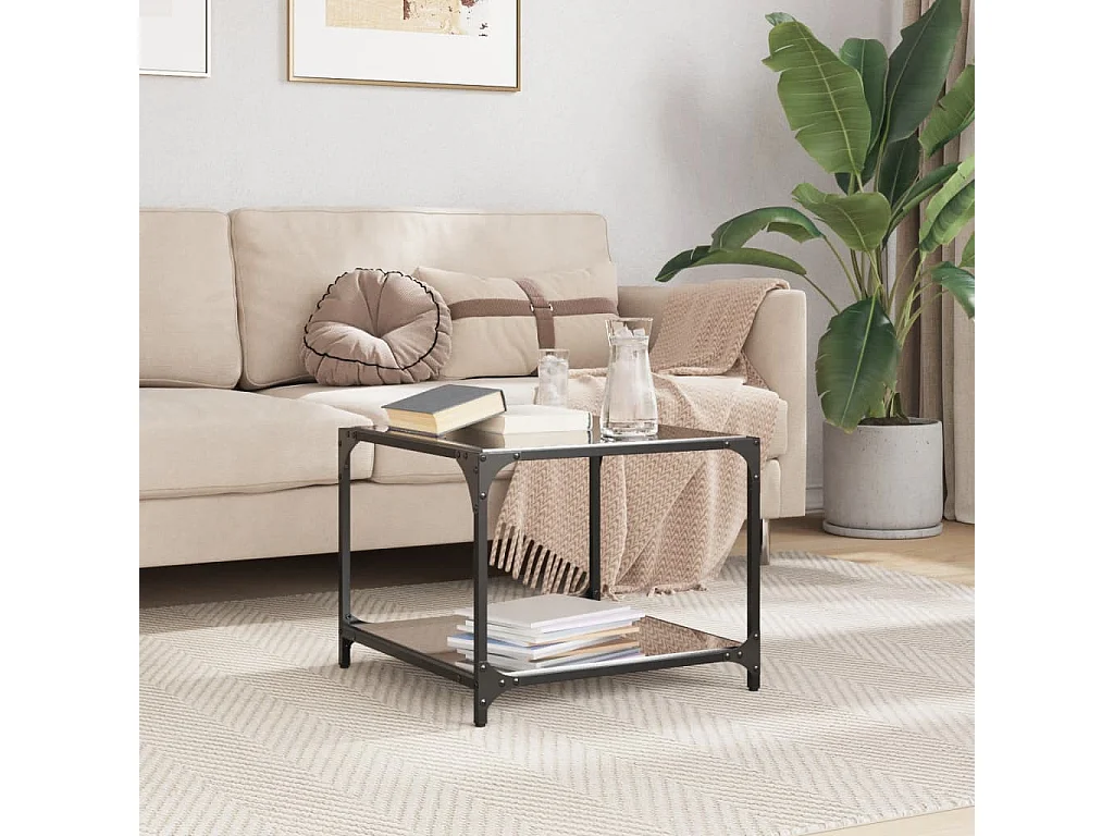 Salontafel met zwart glazen blad 50x50x40 cm staal