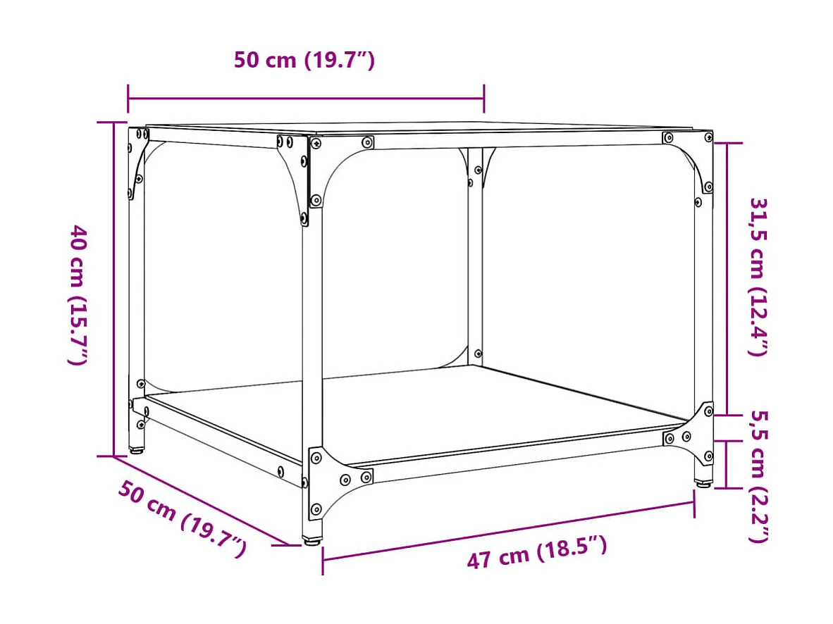 Salontafel met zwart glazen blad 50x50x40 cm staal