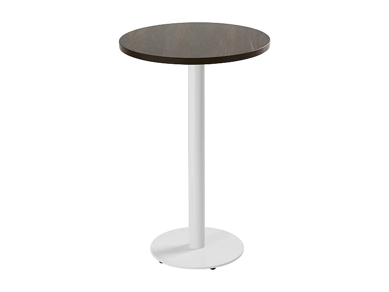 Table haute ronde 60 cm pied blanc et revêtement bois foncé